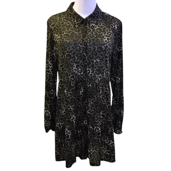 Style&Co Long Tunic Top Tiered Ruffle L Green Black Animal Print Cheetah Y2K‎ - Picture 1 of 7